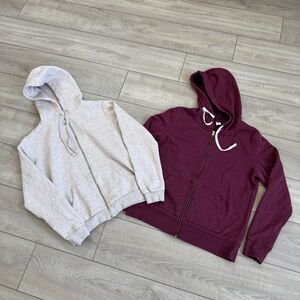 Lot of 2 Basic Women's Beige & Burgundy Hooded Drawstring Zip Up Sweatshirt, M